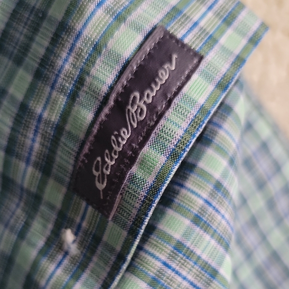 💗 EDDIE BAUER Plaid Checkered Button Down Up Short Sleeve Shirt Blue & Green XL - Picture 4 of 6